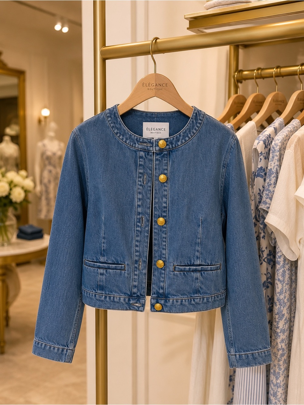 J. Crew Light Blue Collarless Denim Jacket with Gold Buttons